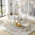 70.8" Dining Table for 8, Antique White Sintered Stone Top with Gold Stainless Steel Pedestal