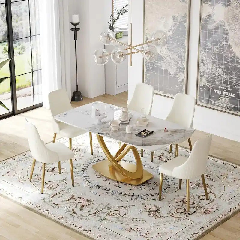 70.8" Dining Table for 8, Antique White Sintered Stone Top with Gold Stainless Steel Pedestal