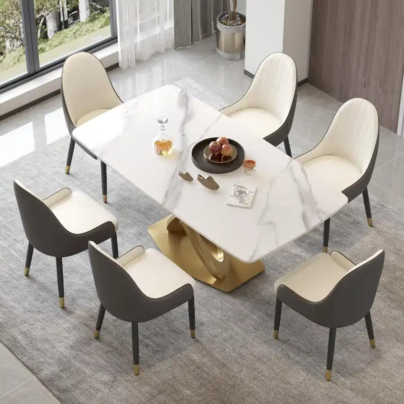70.8" Dining Table for 8, Antique White Sintered Stone Top with Gold Stainless Steel Pedestal