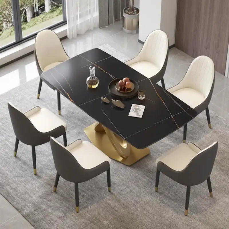 70.8" Dining Table for 8, Antique White Sintered Stone Top with Gold Stainless Steel Pedestal