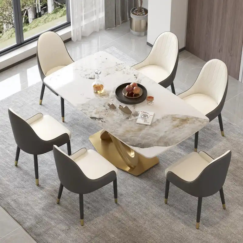 70.8" Dining Table for 8, Antique White Sintered Stone Top with Gold Stainless Steel Pedestal