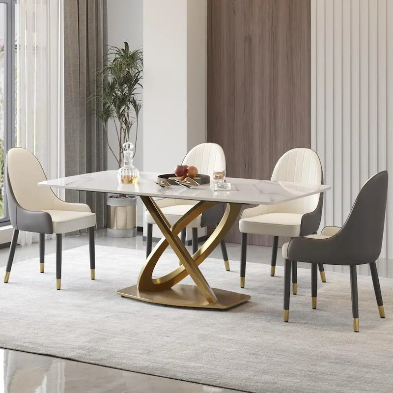 70.8" Dining Table for 8, Antique White Sintered Stone Top with Gold Stainless Steel Pedestal