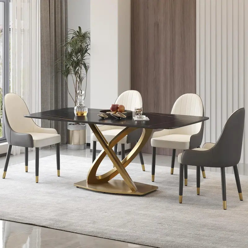 70.8" Dining Table for 8, Antique White Sintered Stone Top with Gold Stainless Steel Pedestal
