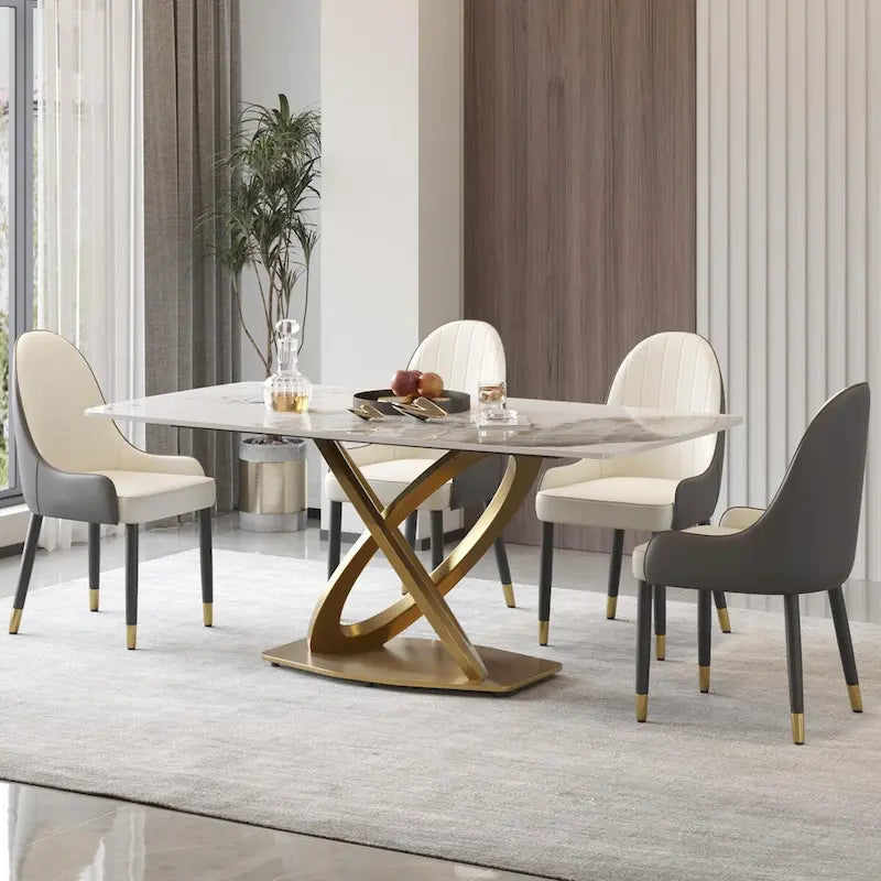 70.8" Dining Table for 8, Antique White Sintered Stone Top with Gold Stainless Steel Pedestal