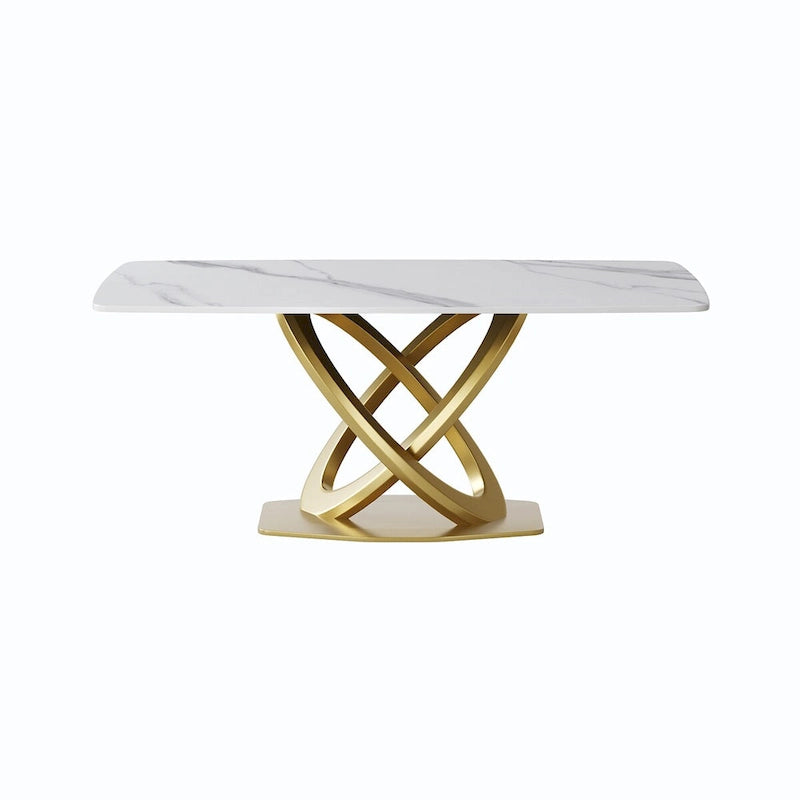 70.8" Dining Table for 8, Antique White Sintered Stone Top with Gold Stainless Steel Pedestal