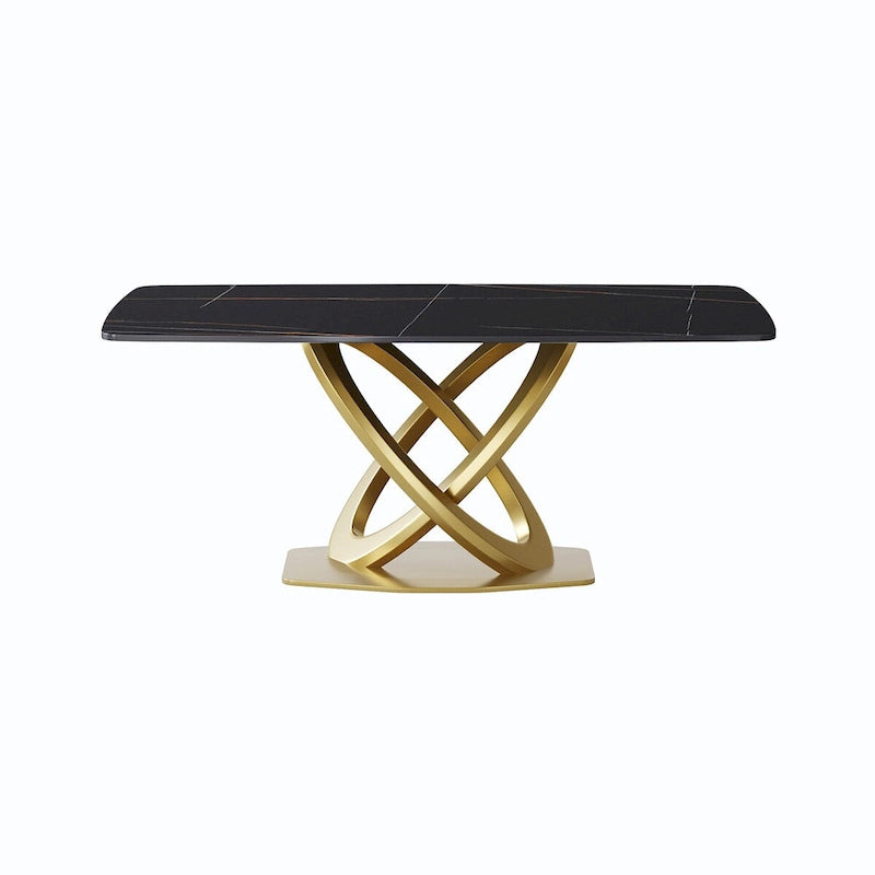 70.8" Dining Table for 8, Antique White Sintered Stone Top with Gold Stainless Steel Pedestal