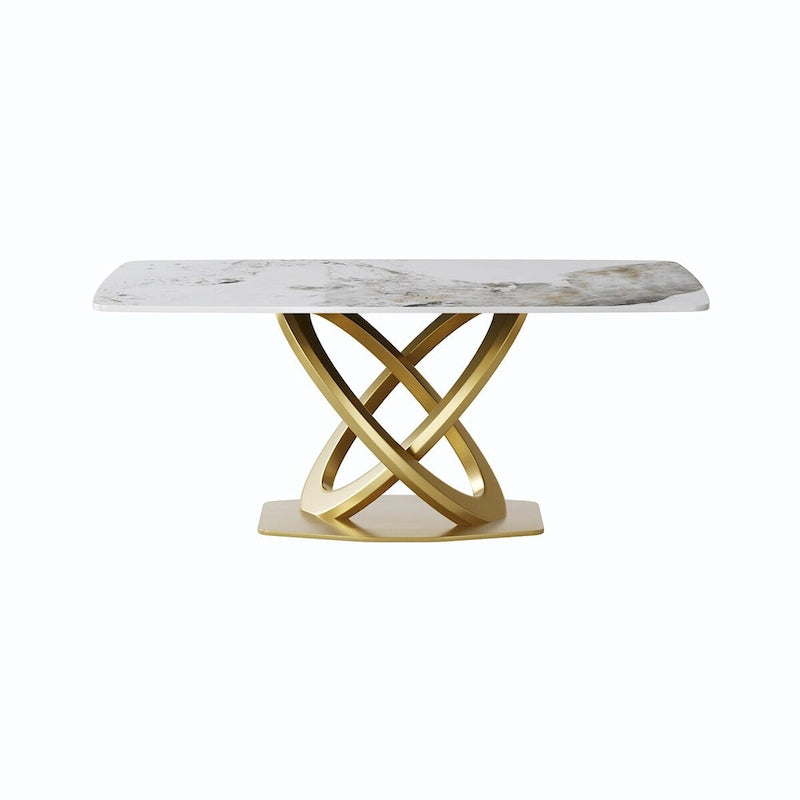 70.8" Dining Table for 8, Antique White Sintered Stone Top with Gold Stainless Steel Pedestal