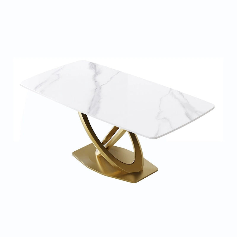 70.8" Dining Table for 8, Antique White Sintered Stone Top with Gold Stainless Steel Pedestal