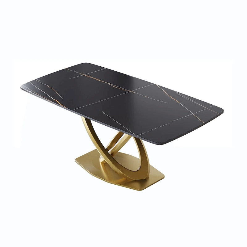 70.8" Dining Table for 8, Antique White Sintered Stone Top with Gold Stainless Steel Pedestal