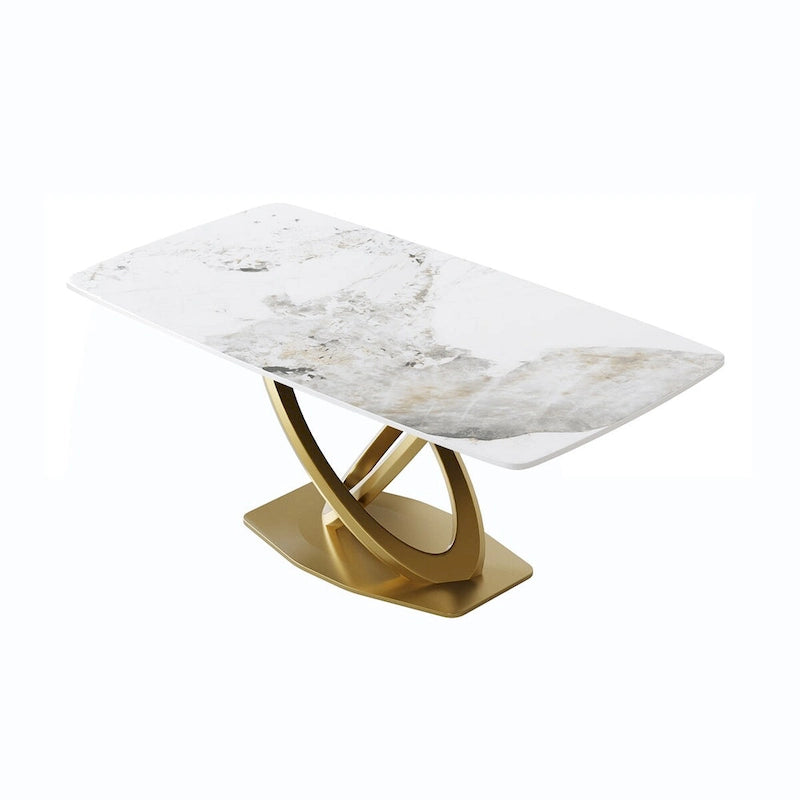 70.8" Dining Table for 8, Antique White Sintered Stone Top with Gold Stainless Steel Pedestal