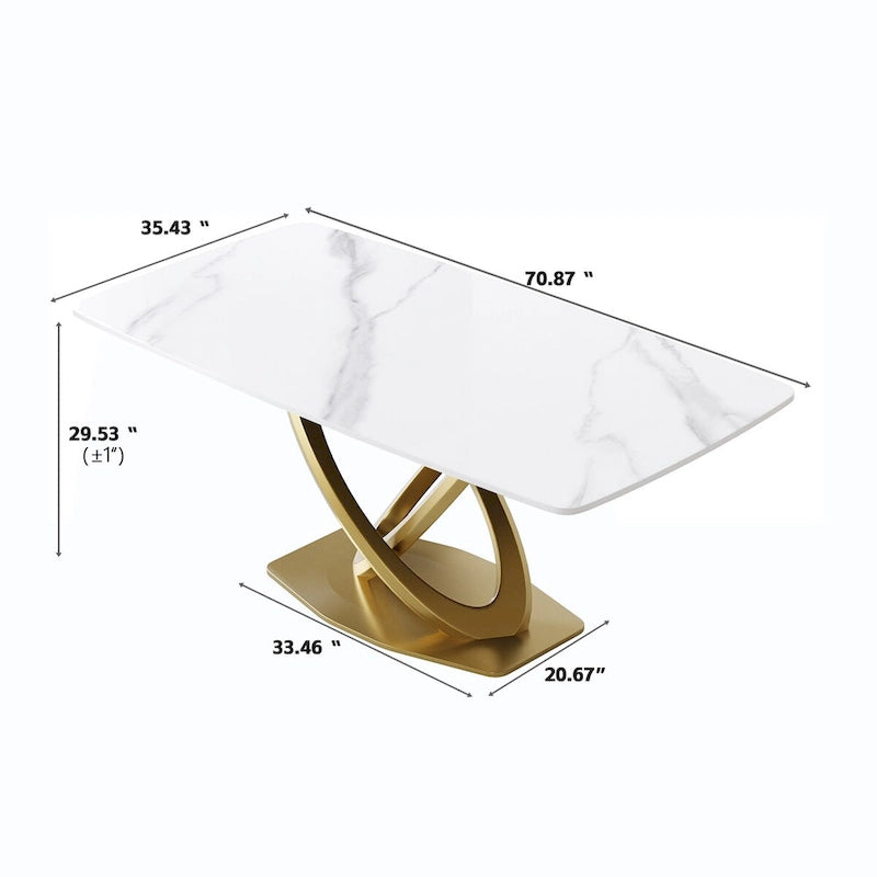 70.8" Dining Table for 8, Antique White Sintered Stone Top with Gold Stainless Steel Pedestal
