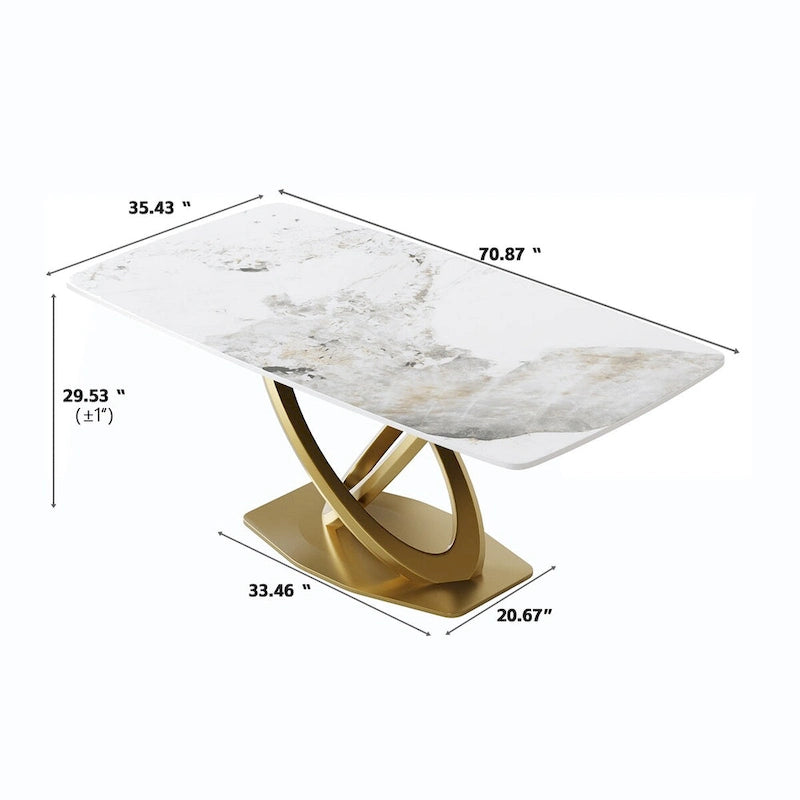 70.8" Dining Table for 8, Antique White Sintered Stone Top with Gold Stainless Steel Pedestal
