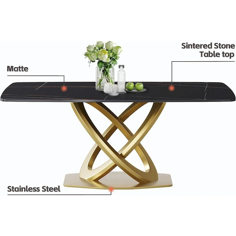 70.8" Dining Table for 8, Antique White Sintered Stone Top with Gold Stainless Steel Pedestal