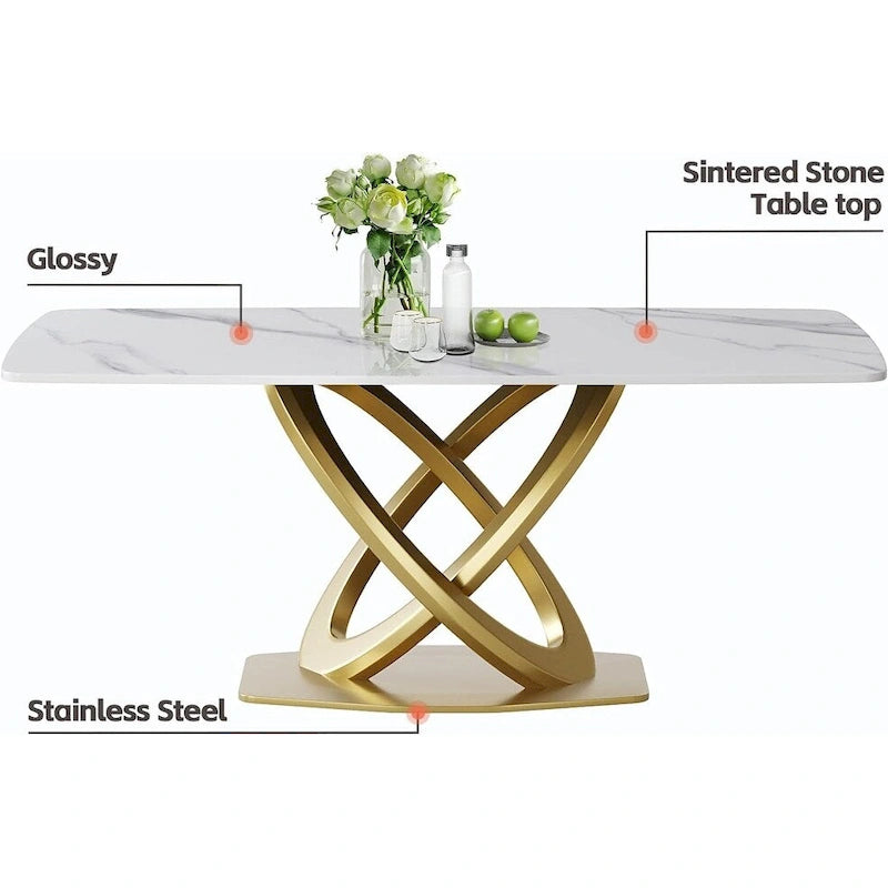 70.8" Dining Table for 8, Antique White Sintered Stone Top with Gold Stainless Steel Pedestal