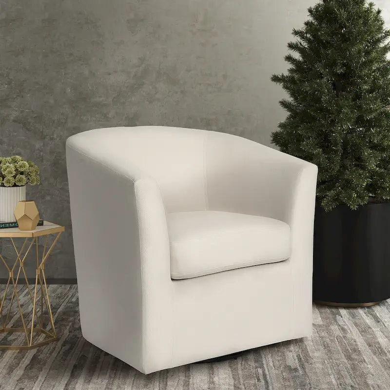 Swivel Barrel Club Chair, White Fabric Upholstery with Swivel Function
