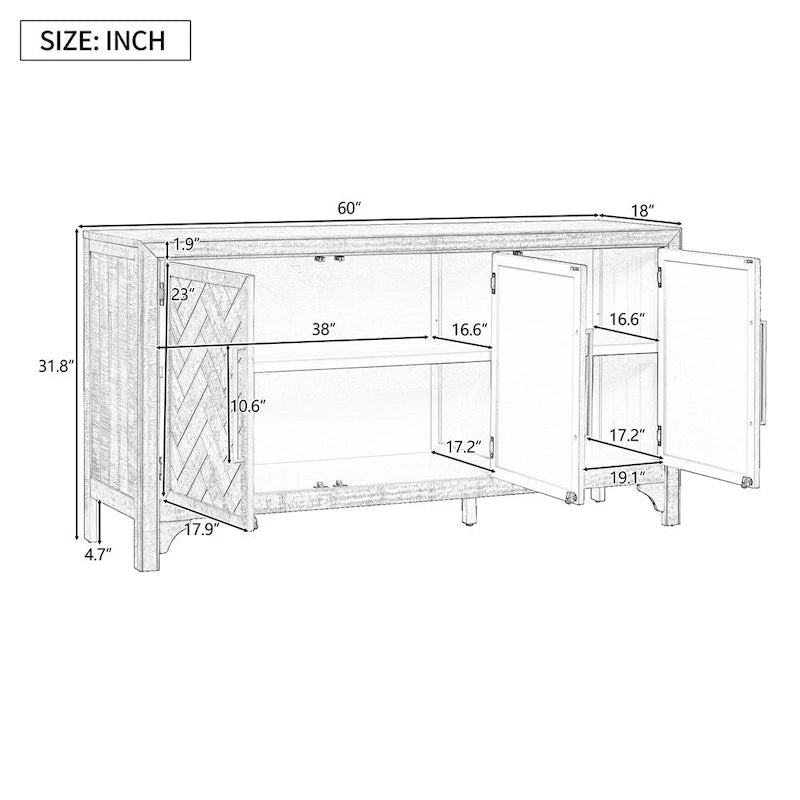 Wood Storage Cabinet Sideboard with Adjustable Shelves and 3 Doors