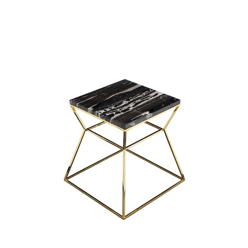 18 Inch Side End Table, Black Marble Top, Gold Open Hourglass Frame