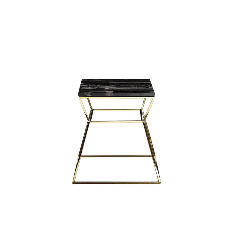 18 Inch Side End Table, Black Marble Top, Gold Open Hourglass Frame