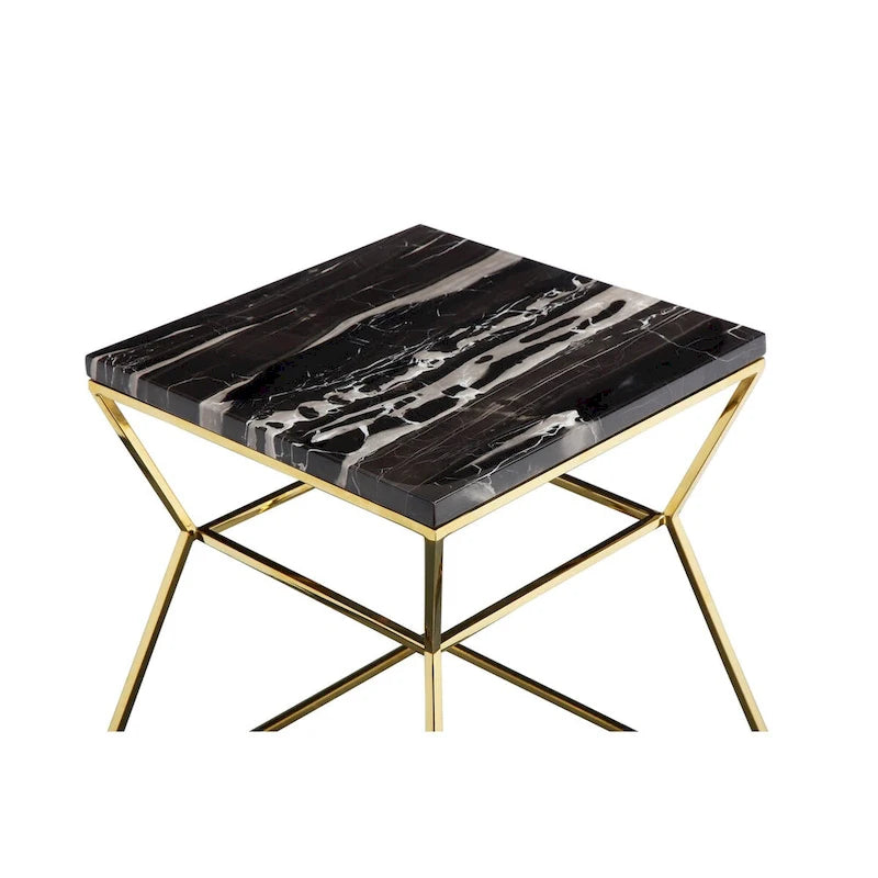 18 Inch Side End Table, Black Marble Top, Gold Open Hourglass Frame