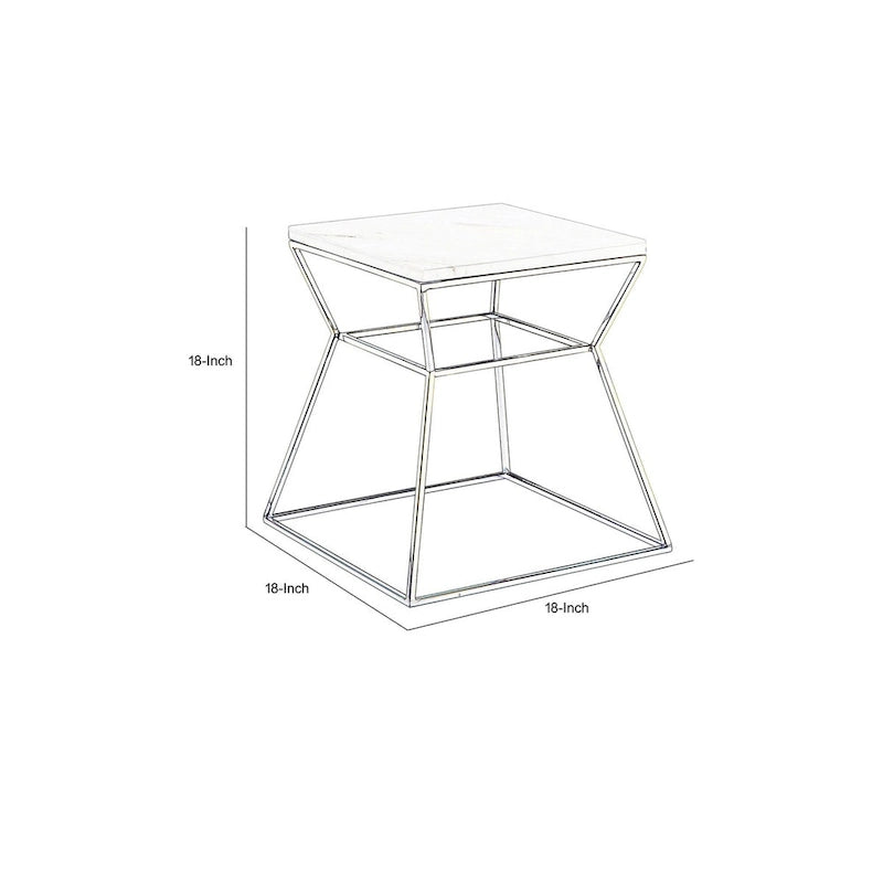 18 Inch Side End Table, Black Marble Top, Gold Open Hourglass Frame
