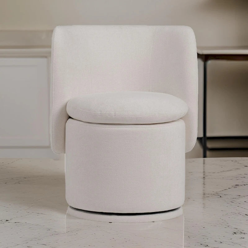 26 Inch Swivel Dining Chair, Off White Fabric, Wingback, Wood
